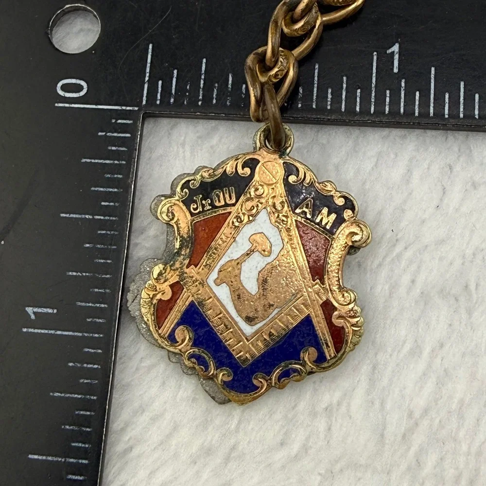 Vintage Jr OUAM Pocket Watch Chain Gold Tone Enamel Fob T-Bar Mechanics 14in